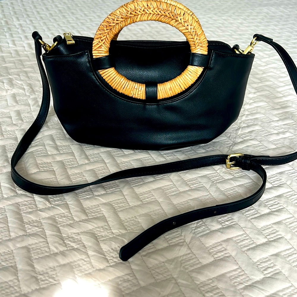 Anthropologie black bag with removable shoulder straps, bamboo handles